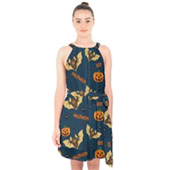 Bat, pumpkin and spider pattern Halter Collar Waist Tie Chiffon Dress