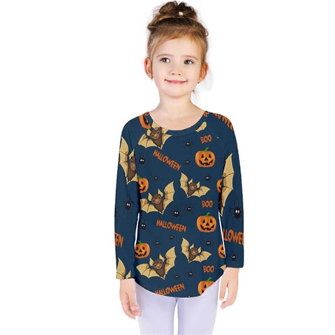 Bat, Pumpkin And Spider Pattern Kids  Long Sleeve Tee by Valentinaart