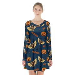 Bat, pumpkin and spider pattern Long Sleeve Velvet V-neck Dress