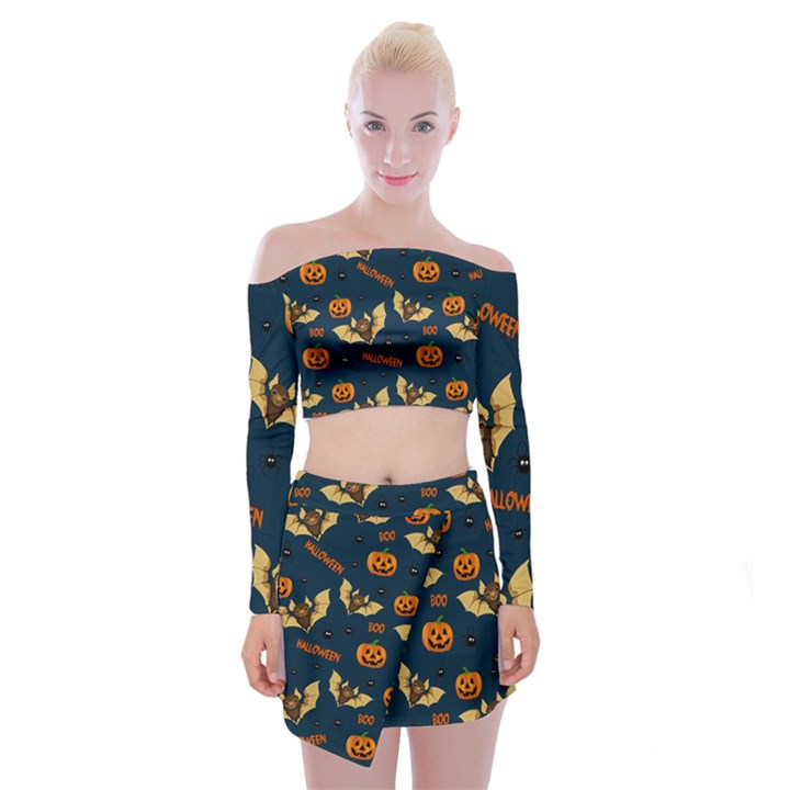 Bat, pumpkin and spider pattern Off Shoulder Top with Skirt Set