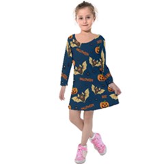 Bat, pumpkin and spider pattern Kids  Long Sleeve Velvet Dress