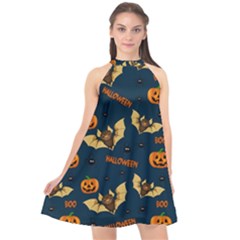 Bat, pumpkin and spider pattern Halter Neckline Chiffon Dress 