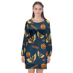 Bat, pumpkin and spider pattern Long Sleeve Chiffon Shift Dress 