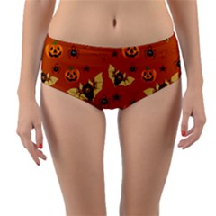 Bat, Pumpkin And Spider Pattern Reversible Mid-waist Bikini Bottoms