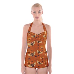 Bat, Pumpkin And Spider Pattern Boyleg Halter Swimsuit  by Valentinaart