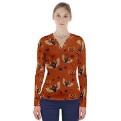 Bat, Pumpkin And Spider Pattern V-neck Long Sleeve Top