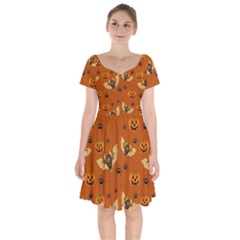 Bat, Pumpkin And Spider Pattern Short Sleeve Bardot Dress