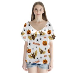 Bat, Pumpkin And Spider Pattern V-neck Flutter Sleeve Top by Valentinaart