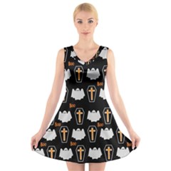 Ghost And Chest Halloween Pattern V-neck Sleeveless Skater Dress by Valentinaart