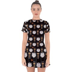 Ghost And Chest Halloween Pattern Drop Hem Mini Chiffon Dress