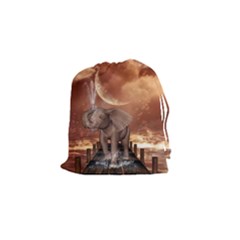 Cute Baby Elephant On A Jetty Drawstring Pouches (small)  by FantasyWorld7