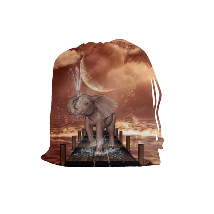 Cute Baby Elephant On A Jetty Drawstring Pouches (Large) 