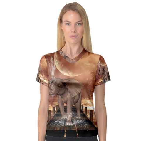 Cute Baby Elephant On A Jetty V-neck Sport Mesh Tee by FantasyWorld7