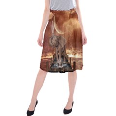 Cute Baby Elephant On A Jetty Midi Beach Skirt by FantasyWorld7