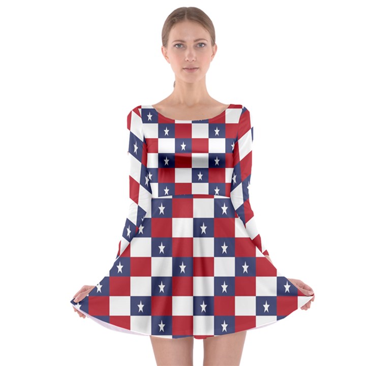 American Flag Star White Red Blue Long Sleeve Skater Dress