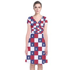 American Flag Star White Red Blue Short Sleeve Front Wrap Dress by Mariart