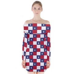 American Flag Star White Red Blue Long Sleeve Off Shoulder Dress by Mariart