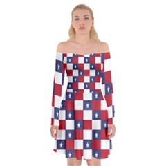 American Flag Star White Red Blue Off Shoulder Skater Dress by Mariart