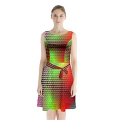 Abstract Rainbow Pattern Colorful Stars Space Sleeveless Waist Tie Chiffon Dress