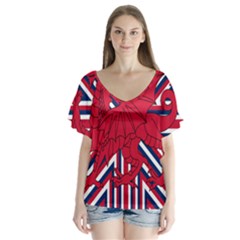 Alternatively Mega British America Red Dragon V-neck Flutter Sleeve Top