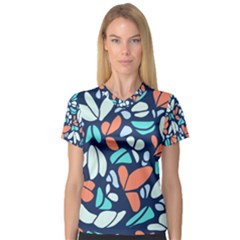 Blue Tossed Flower Floral V-neck Sport Mesh Tee