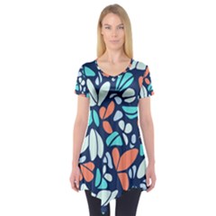 Blue Tossed Flower Floral Short Sleeve Tunic 