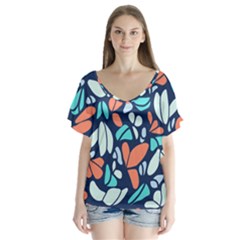 Blue Tossed Flower Floral V-neck Flutter Sleeve Top