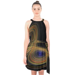 Wondrous Trajectorie Illustrated Line Light Black Halter Collar Waist Tie Chiffon Dress