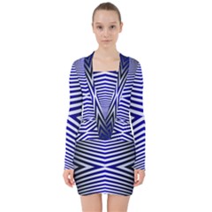 Blue Lines Iterative Art Wave Chevron V-neck Bodycon Long Sleeve Dress