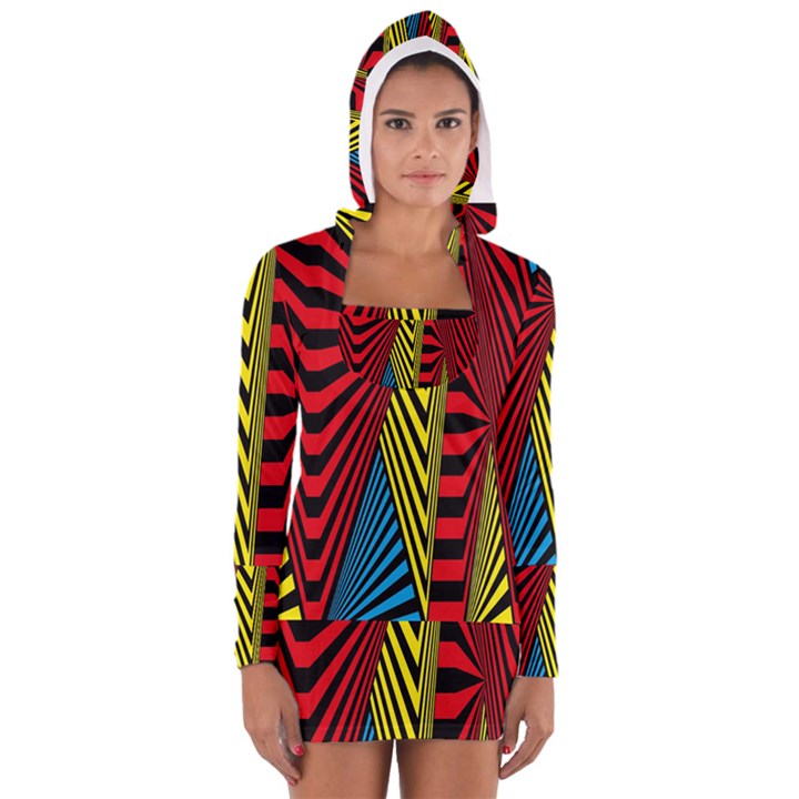 Door Pattern Line Abstract Illustration Waves Wave Chevron Red Blue Yellow Black Long Sleeve Hooded T-shirt