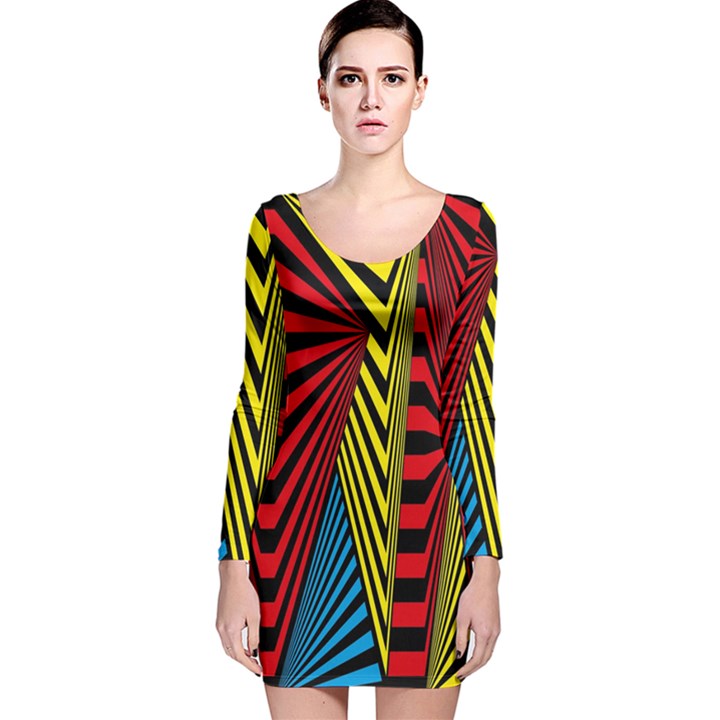 Door Pattern Line Abstract Illustration Waves Wave Chevron Red Blue Yellow Black Long Sleeve Velvet Bodycon Dress