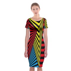 Door Pattern Line Abstract Illustration Waves Wave Chevron Red Blue Yellow Black Classic Short Sleeve Midi Dress