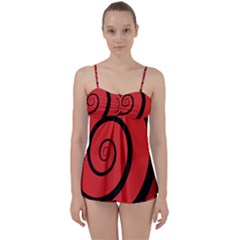 Double Spiral Thick Lines Black Red Babydoll Tankini Set