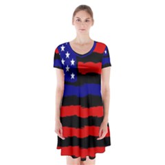 Flag American Line Star Red Blue White Black Beauty Short Sleeve V-neck Flare Dress