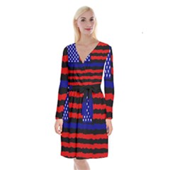 Flag American Line Star Red Blue White Black Beauty Long Sleeve Velvet Front Wrap Dress