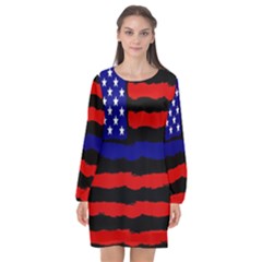 Flag American Line Star Red Blue White Black Beauty Long Sleeve Chiffon Shift Dress 