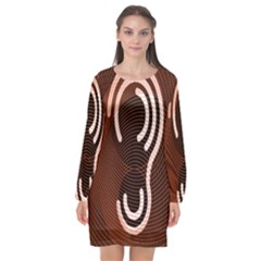 Fan Line Chevron Wave Brown Long Sleeve Chiffon Shift Dress 