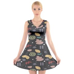 Funky Pattern Polka Wave Chevron Monster V-neck Sleeveless Skater Dress by Mariart