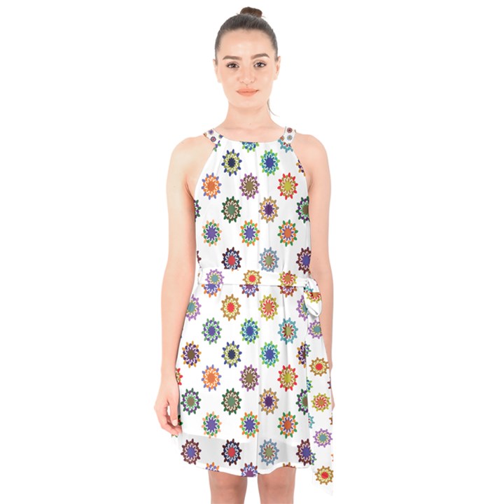 Flowers Pattern Recolor Artwork Sunflower Rainbow Beauty Halter Collar Waist Tie Chiffon Dress