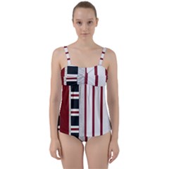 Line Streep Vertical Horizontal Twist Front Tankini Set by Mariart