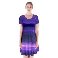 Massive Flare Lines Horizon Glow Particles Animation Background Space Short Sleeve V-neck Flare Dress by Mariart