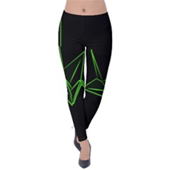 Origami Light Bird Neon Green Black Velvet Leggings by Mariart