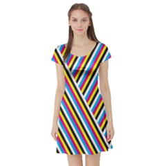 Lines Chevron Yellow Pink Blue Black White Cute Short Sleeve Skater Dress by Mariart