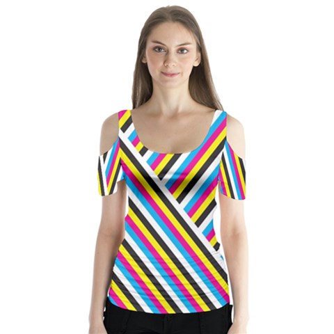 Lines Chevron Yellow Pink Blue Black White Cute Butterfly Sleeve Cutout Tee  by Mariart