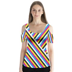 Lines Chevron Yellow Pink Blue Black White Cute Butterfly Sleeve Cutout Tee 