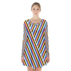 Lines Chevron Yellow Pink Blue Black White Cute Long Sleeve Velvet V-neck Dress by Mariart