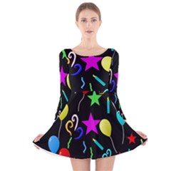 Party Pattern Star Balloon Candle Happy Long Sleeve Velvet Skater Dress