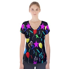 Party Pattern Star Balloon Candle Happy Short Sleeve Front Detail Top