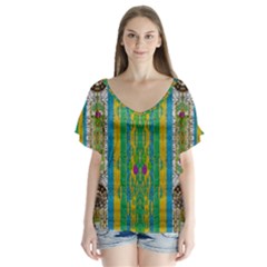 Rainbows Rain In The Golden Mangrove Forest V-neck Flutter Sleeve Top by pepitasart