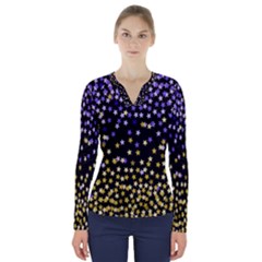 Space Star Light Gold Blue Beauty V-neck Long Sleeve Top by Mariart